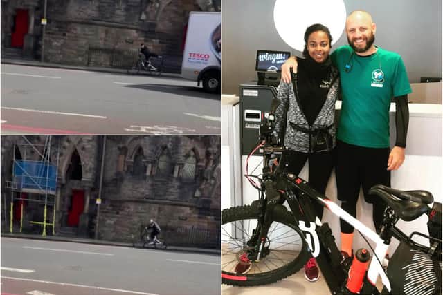 Stuart Walker with his friend Ondina, who did the Majorca to Leicester charity bike ride with him. Footage shows the suspect on the e-bike (left). Pictures: supplied