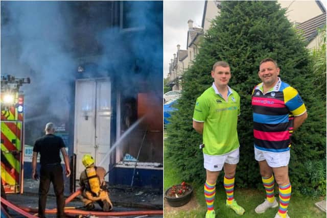 Duncan Wilson and his son Campbell, who are modelling the new kit which they’ll play in for the first time this weekend. Picture on left also shows firefighters at the scene of the laundrette fire in Raeburn Place in June 2019.