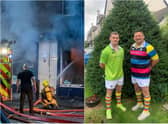 Duncan Wilson and his son Campbell, who are modelling the new kit which they’ll play in for the first time this weekend. Picture on left also shows firefighters at the scene of the laundrette fire in Raeburn Place in June 2019.