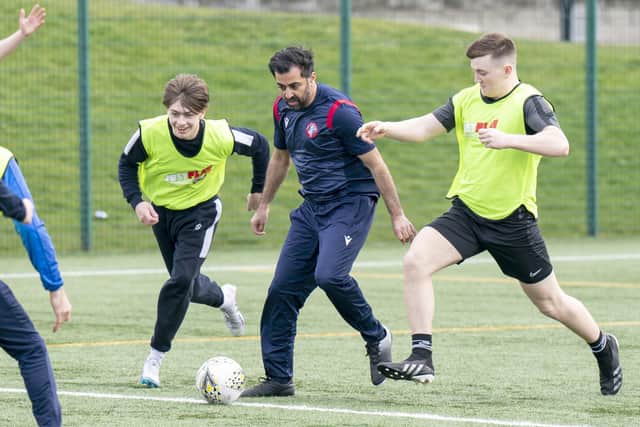Humza Yousaf visited Edinburgh's Spartans Community Football Academy on his leadership election campaign trail and enjoyed  kickabout with some of the students.. Picture: Jane Barlow/PA Wire.