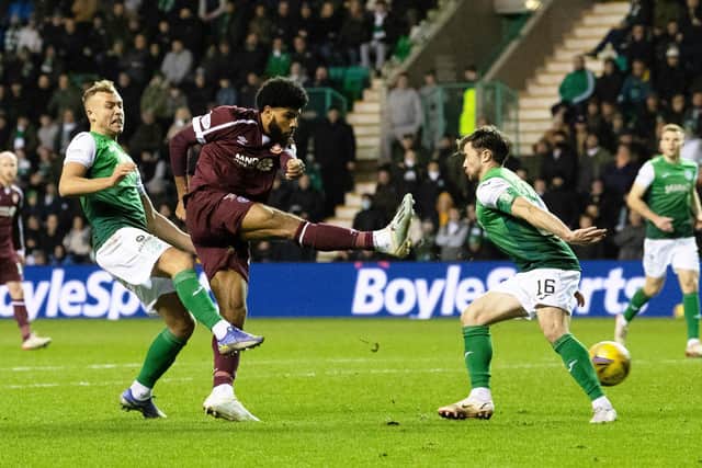 Hearts striker Ellis Simms shoots for goal in the 0-0 draw against Hibs at Easter Road the last time the Edinburgh rivals met. Picture: SNS