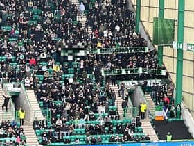 Hibs fans display the banner during the opening minutes of their cinch Premiership encounter with St Mirren. Picture: Joel Sked