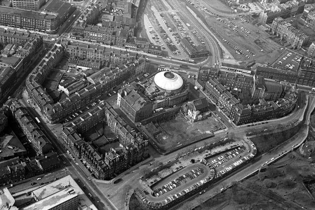 An aerial view of Edinburgh's Lothian Road in April 1975 with the Usher Hall in the centre of the picture