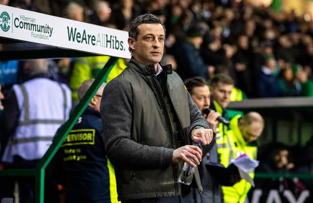 EDINBURGH, SCOTLAND - MARCH 03: Hibs Manager Jack Ross  during the Ladbrokes Premiership match between Hibs and Hearts at Easter Road on March 03, 2020 in Edinburgh, Scotland. (Photo by Ross Parker / SNS Group) 