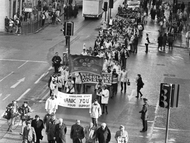 3000 marchers took part in a demonstration to support the ambulance workers' strike in Edinburgh, January 1990.