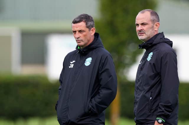 Potter and Jack Ross look on at training ahead of Hibs' trip to Tannadice