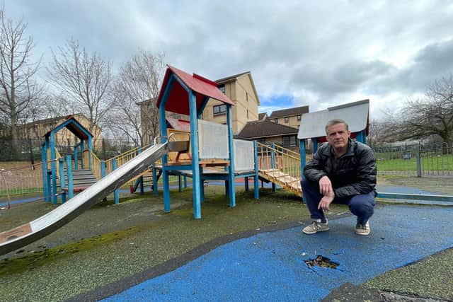 Cllr Christopher Cowdy at the Moat Drive playpark in Slateford.