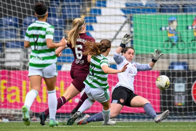 Charlotte Parker-Smith denies Charlie Wellings as part of her player-of-the-match display in Hearts' semi-final loss to Celtic. Picture: Malcolm Mackenzie