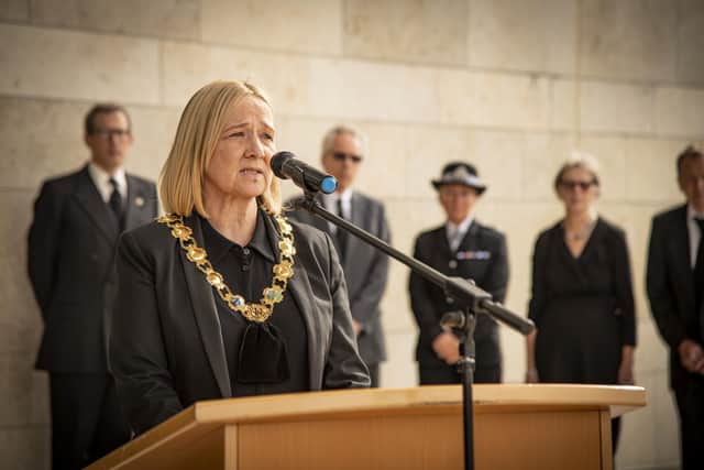 Provost Cathy Muldoon speaking at the ceremony on Sunday in Livingston.