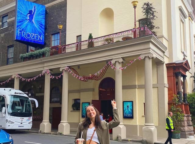 Caitlin Tipping, outside the Theatre Royal Drury Lane, where she will take the stage in Disney's Frozen the Musical next