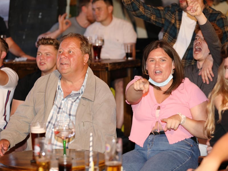 Fans watch England v Ukraine in the quarter finals of Euro 2020, in The Kings pub, Albert Rd, Southsea. Picture: Chris Moorhouse (jpns 030721-26)