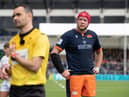 Edinburgh captain Grant Gilchrist watches on as referee Pierre Brousset watches replays of the Henry Pyrgos incident on the big screen at the DAM Health Stadium. (Photo by Ross Parker / SNS Group)