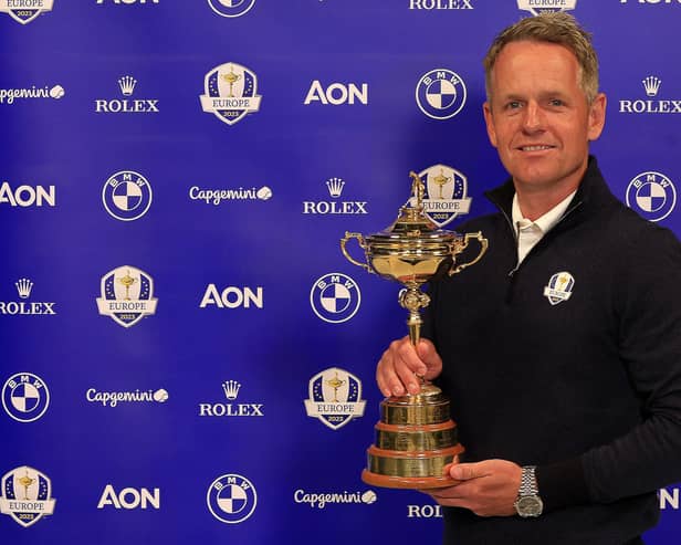 New European Ryder Cup captain Luke Donald poses with the trophy. Picture: Mike Ehrmann/Getty Images.