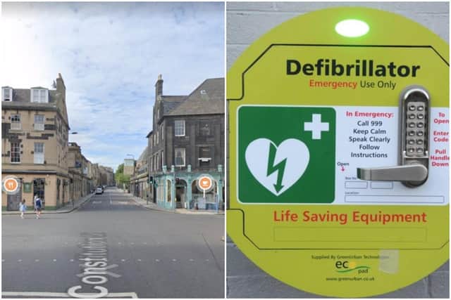 A defibrillator, similar to the one in the image, has been stolen from Constitution Street in Leith, also pictured (L)