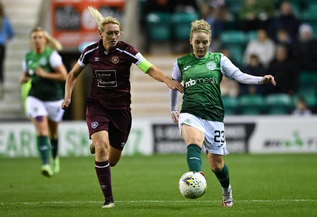 Hibs' Rachael Boyle and Hearts' Mariel Kaney during the SWPL match between Hibernian and Hearts at Easter Road. Picture: Paul Devlin / SNS