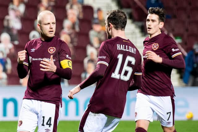 Steven Naismith celebrates scoring against Arbroath with Jamie Walker and Andy Halliday. Picture: SNS