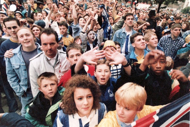 Wednesday supporters celebrate their Rumbelows Cup success in April 1991.