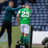 Hibs head coach Jack Ross (left) consoles Josh Doig after coming off with an injury in the Scottish Cup final. (Photo by Craig Williamson / SNS Group)