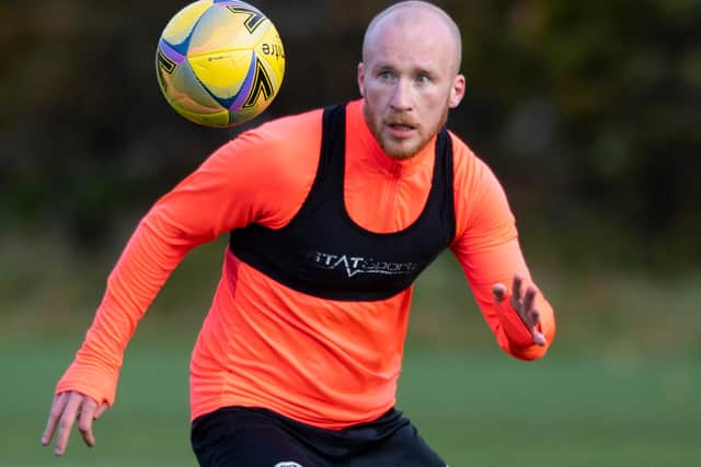 Liam Boyce back in training for Hearts yesterday. The striker is edging towards full fitness and hopes to take part in small sided games today to test his calf for Fir Park