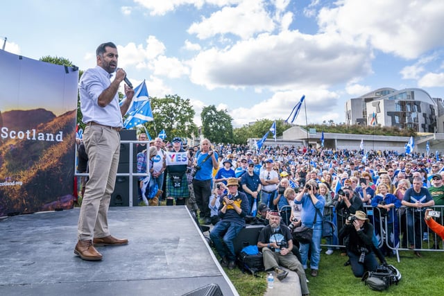 First Minister of Scotland Humza Yousaf addresses a crowd outside the Scottish Parliament following a Believe in Scotland march from Edinburgh Castle. Photo: Jane Barlow/PA Wire