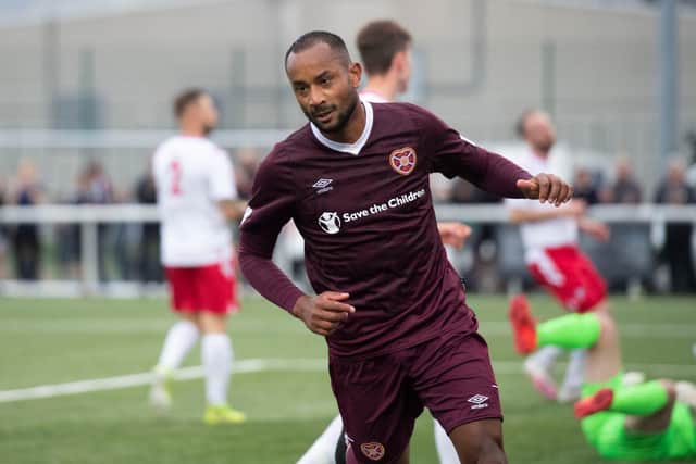 Loic Damour after scoring for Hearts against Spartans on Tuesday.