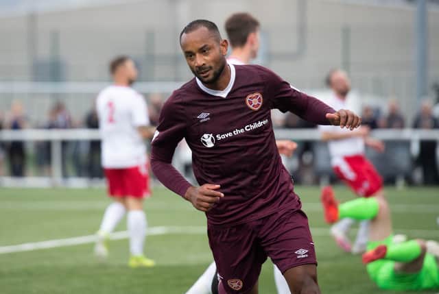 Loic Damour after scoring for Hearts against Spartans on Tuesday.
