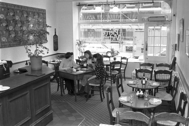 Three women having lunch in the Pierre Victoire French restaurant in Edinburgh's Union Street, April 1990.