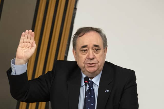 Former first minister Alex Salmond is sworn in before giving evidence to the Scottish Parliament Harassment committee. Picture: Andy Buchanan/PA Wire
