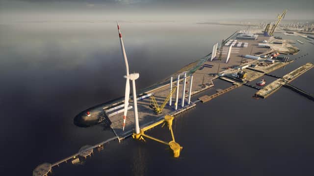 CGI image showing proposed outer berth at the Port of Leith with floating foundation and offshore wind turbine. The £40m private investment will see the creation of a bespoke, riverside marine berth capable of accommodating the world’s largest offshore wind installation vessels.