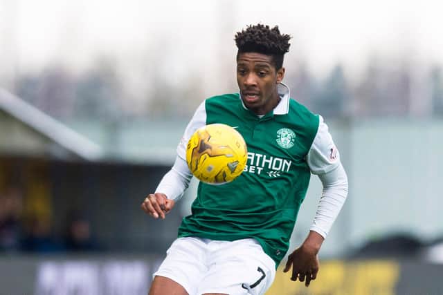Dominique Malonga in action for Hibernian at the Falkirk Stadium in January 2016. Pic: SNS Group Craig Williamson