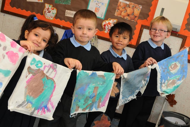 Laygate Community School pupils were taking part in Art Week in 2013. Pictured, left to right, are Sabaa Al-Sayaddi, Owen Wilson, William Joseph, and Sam Swinhoe with their silk paintings.