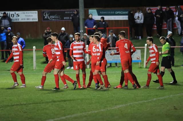 Bonnyrigg Rose players celebrate their third goal in an emphatic 5-0 win over Cumbernauld Colts on Tuesday. Joe Gilhooley LRPS