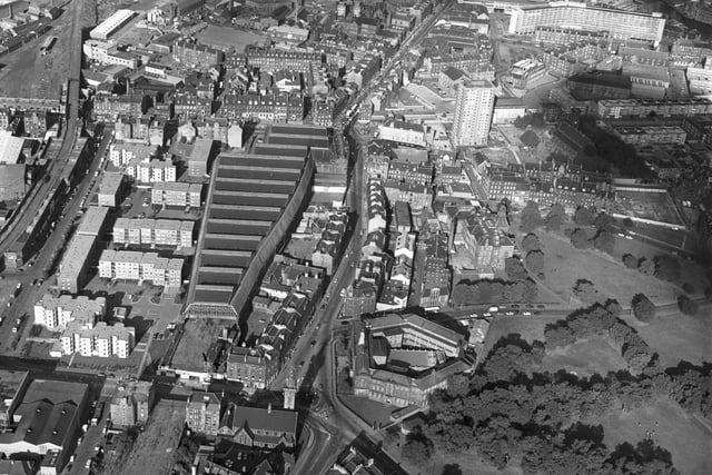 An aerial photo of the former Leith Central railway station taken ahead of its demolition in September 1979, with the Easter Road entrance in the foreground, with the large station stretching out to Leith Walk.