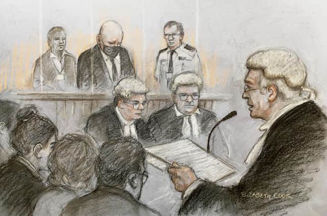 Court artist sketch by Elizabeth Cook of Lord Justice Fulford sentencing former police officer Wayne Couzens at the Old Bailey in London. The 48-year-old has been handed a whole life order for the kidnap, rape and murder of Sarah Everard.