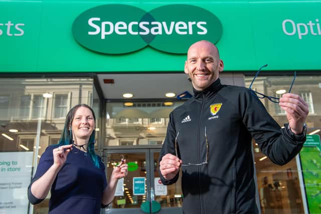 All images © Sandy Young Photography
SFA referee Bobby Madden at Specsavers Shandwick Place, Edinburgh ahead of the Dundee United v Hibs Scottish Cup semi-final game. Bobby Madden will be taking charge of the cup clash on Saturday 8th May 2021. 
PICTURED L-R referee Bobby Madden, Franca Fofie optical assistant and Lyndsay Nimmo Specsavers Manager