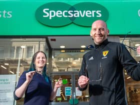 All images © Sandy Young Photography
SFA referee Bobby Madden at Specsavers Shandwick Place, Edinburgh ahead of the Dundee United v Hibs Scottish Cup semi-final game. Bobby Madden will be taking charge of the cup clash on Saturday 8th May 2021. 
PICTURED L-R referee Bobby Madden, Franca Fofie optical assistant and Lyndsay Nimmo Specsavers Manager