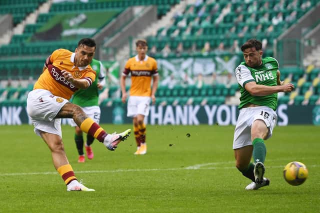 Tony Watt shooting for goal in Motherwell's 0-0 draw at Easter Road earlier this season. Picture: SNS