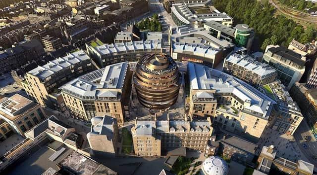 The newly-built St James Quarter, situated at the east end of Princes Street, reaches a peak of over 88m.