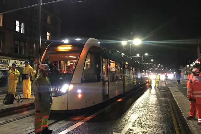 Departing from Picardy Place shortly after 8pm, a test tram made its way down Leith Walk at a pedestrian pace, taking a short pause at each of the new tram stops