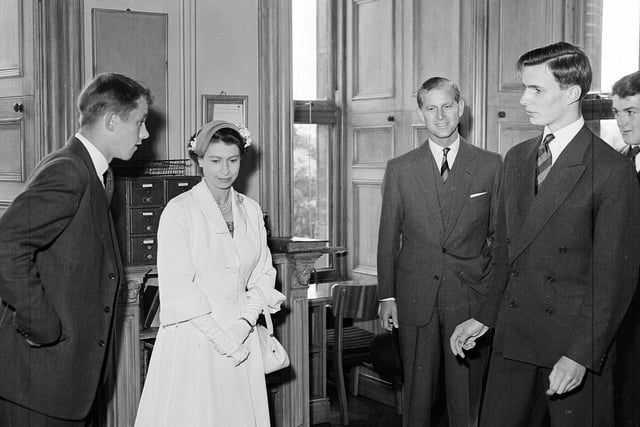 Queen Elizabeth II visits meets prefects during her visit to Fettes College in 1955.