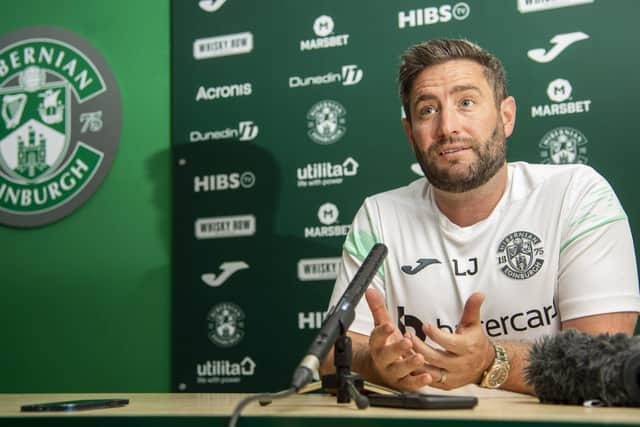Hibs manager Lee Johnson addresses the media at the Hibernian Training Centre. Picture:  Rob Casey / SNS