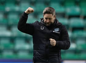 Hibs manager Lee Johnson celebrates at full time after his team's 4-0 victory over Livingston at Easter Road. Picture: Paul Devlin / SNS