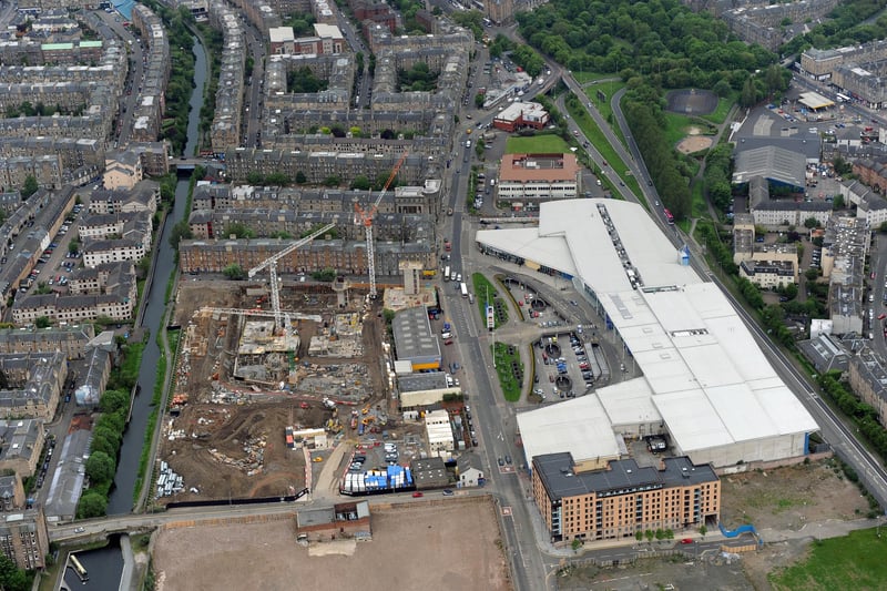 An aerial photograph taken in 2012 showing work being carried out on the site of the former Fountain Brewery on the left, on land that is now occupied by flats and Boroughmuir High School, with Fountain Park pictured to the right on land that also used to be part of the large brewery.