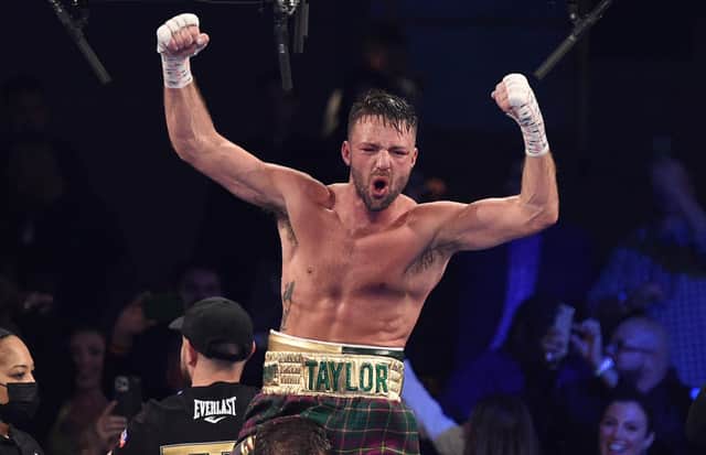 Josh Taylor reacts after his win by unanimous decision over Jose Ramirez