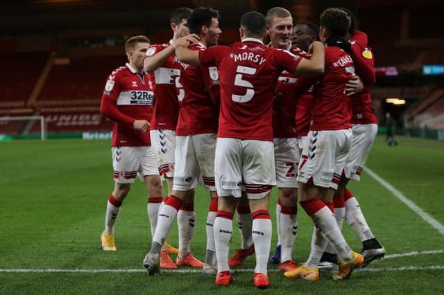 Middlesbrough players celebrate after scoring against Luton.