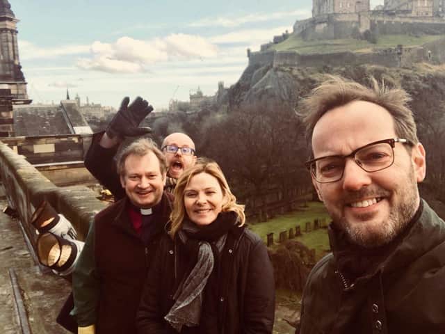 Russell Thomas (front), Kim Cattrall, Rev Peter Sutton and Cameron Brooks at St Cuthbert’s Parish Church. Pic: Church of Scotland