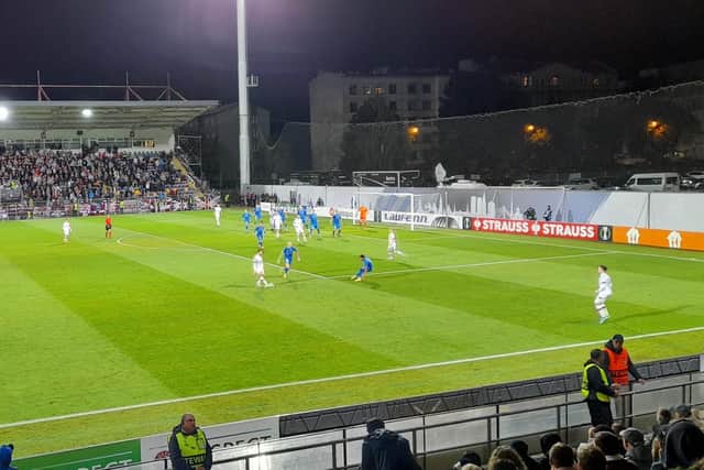 RFS and Hearts in action at the Skonto Stadium in Riga.