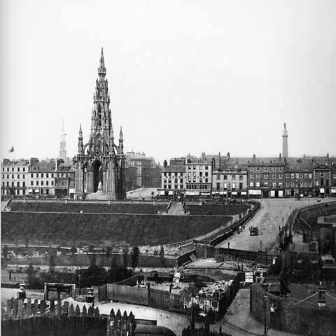 View of the Scott Monument and Princes Street from Edinburgh's Old Town.