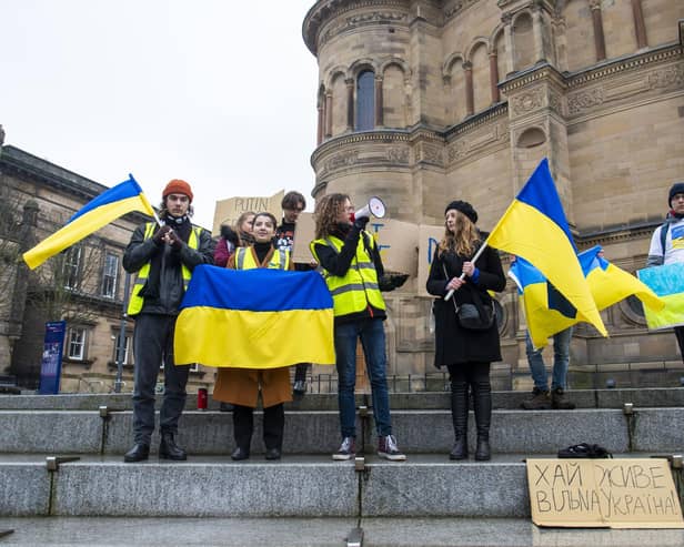 Edinburgh University students stage a protest in support of Ukraine. Picture: Lisa FergusonEdinburgh Universty Polish Society organise a protest in Bristo Square this morning in support of Ukraine 'Stand with Ukrine'