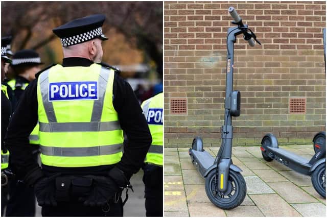 Police Scotland officers and a picture of an electric scooter, similar to the one the rider was using in Edinburgh